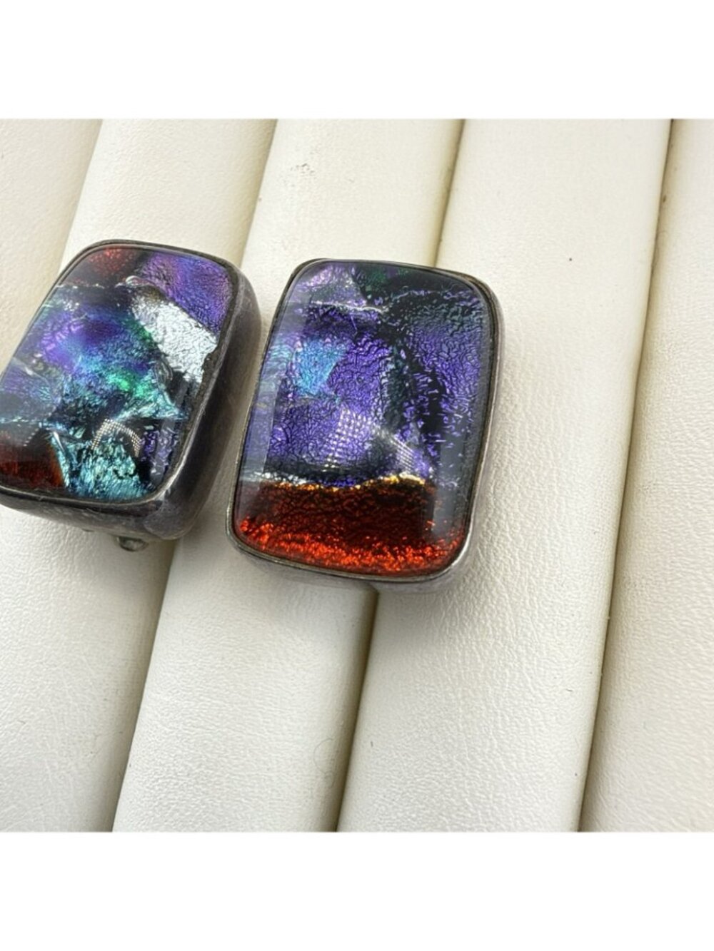 Charles Albert Earrings Dichroic Art Glass Sterling Silver Clip On 18g Colorful - Picture 4 of 13